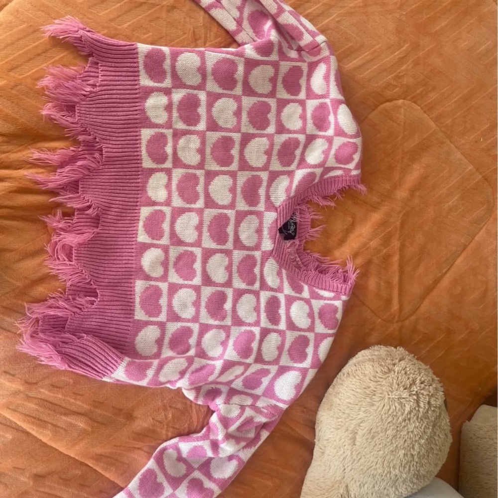 Pink and White Heart Sweater with Fringe